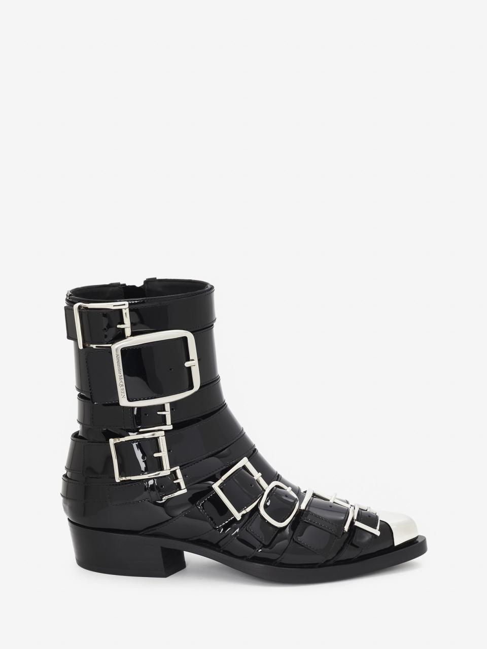Alexander McQueen's Women's Punk Buckle Boot in Black/silver. Price tag: 1 590 €